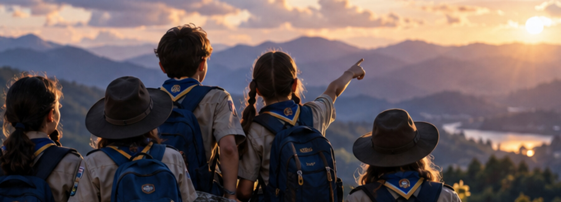 Scouts contemplando un paisaje de montaña